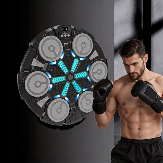 Boksmachine met 6 ronde targets en blauwe LED-lichten, getoond met een man met bokshandschoenen.