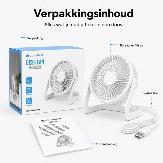 Bureau Ventilator - Mini Bureauventilator - Zuinige Tafelventilator - Kleine USB Ventilator - Kantelbare Statiefventilator - Compacte USB-C Tafelventilator - Fan Geluidloos - Bureau Airco - Desk Fan - Deskventilator - Wit - Silvergear