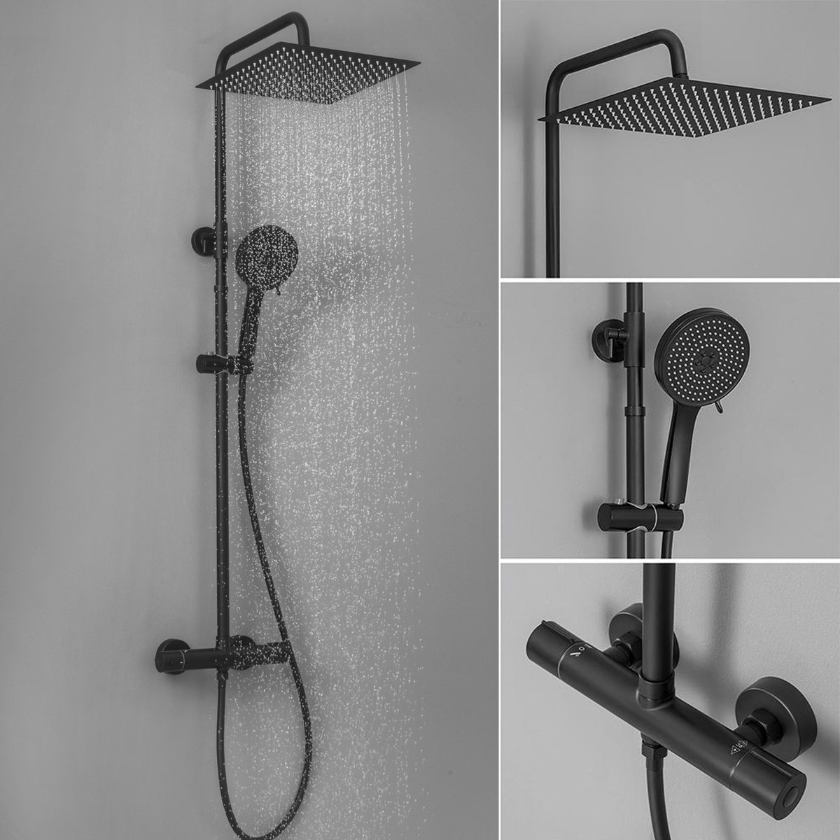 Auralum Max Regendouche met thermostaat - XXL - Ã˜ 30 cm - Vierkant Douchesysteem - RVS Doucheset - Handdouche Met 5 standen - Waterbesparend - Zwart