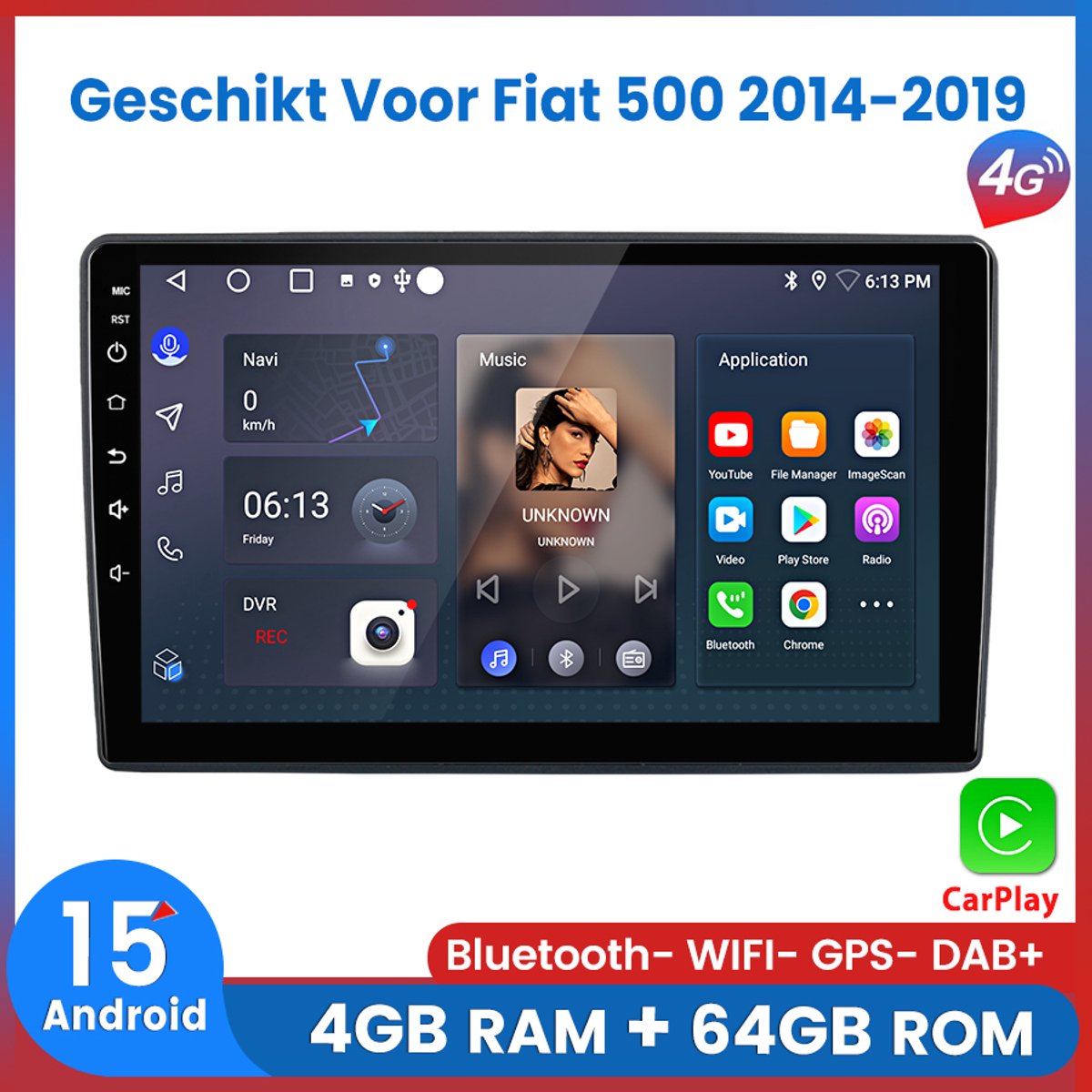 Awesafe Autoradio met Carplay en Android auto - Geschikt Voor Fiat 500 2014 t/m 2019 - 4GB+64GB - 8 Kern V1PRO - Draadloos Apple Carplay & Android auto - GPS Navigatie 4G WIFI - Ondersteuning invoegen 4G SIM - 2014 2015 2016 2017 2018 2019