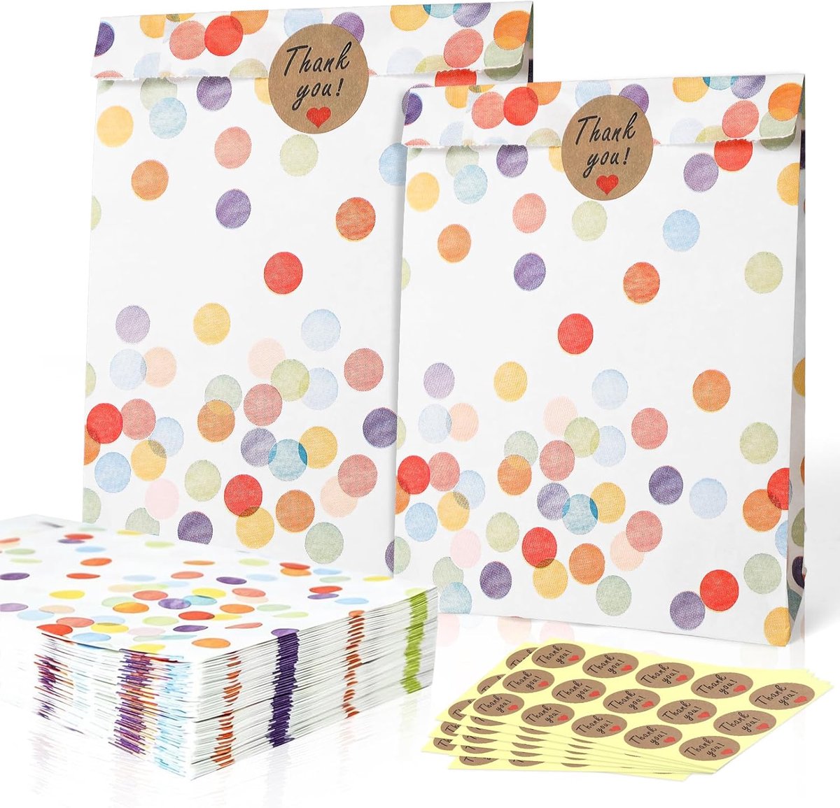 SnelShoppen - 50 Stuks Kleurrijke Geschenkzakjes voor Kinderverjaardag, Papieren Zakjes 19x13x3,5 cm met Ronde Stippen en 60 Stickers voor Feesten en