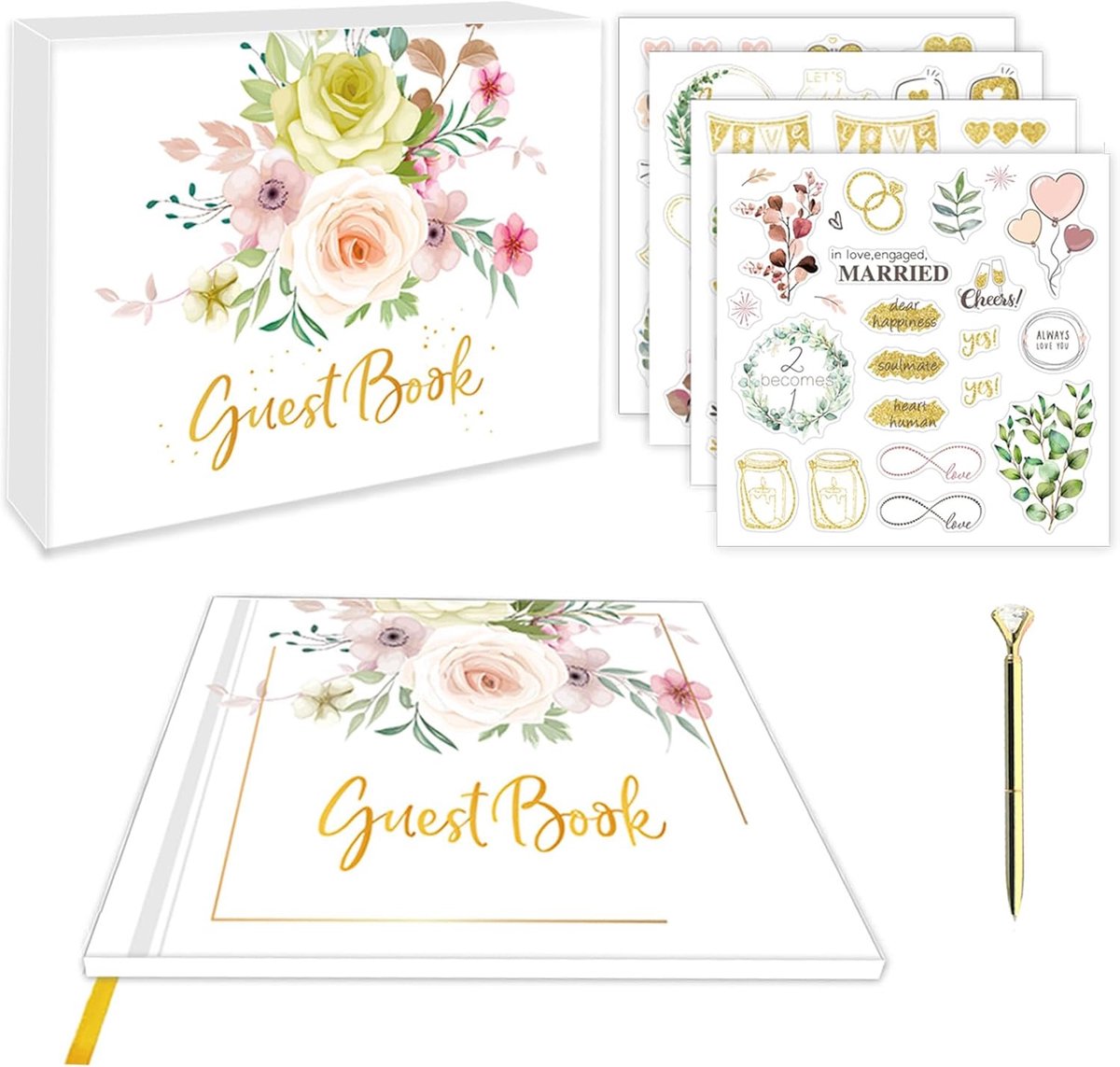 SnelShoppen - Bruiloft Gastenboek met Ovalen Foto Raam, Beige Linnen Cover, Inclusief 3 Kleuren Pennen, Stickers en Cadeau Doos voor Trouwen en Jubile