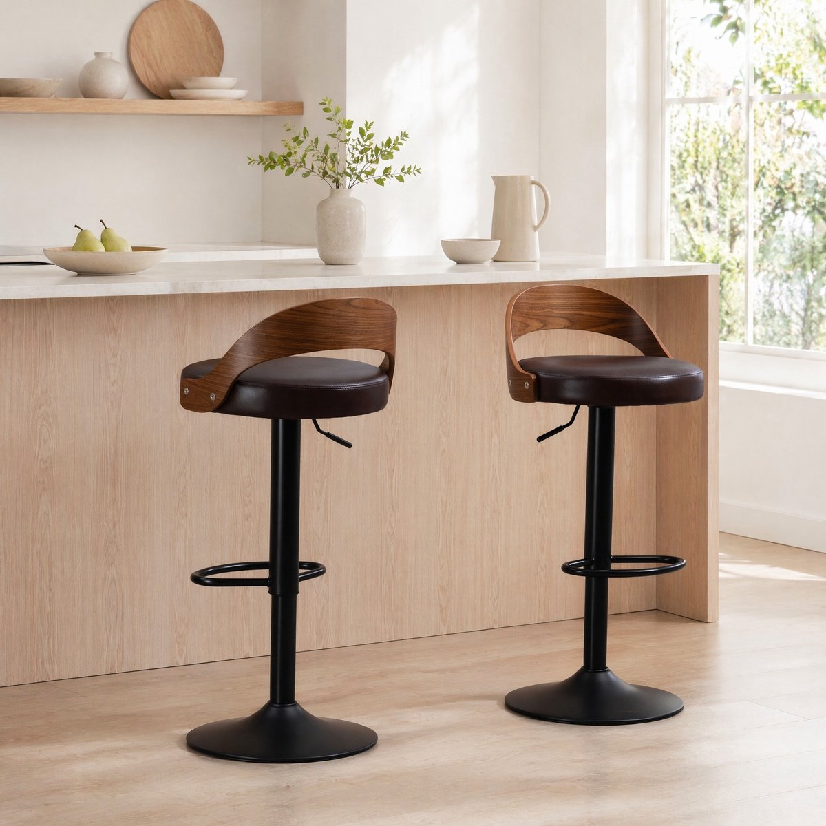 MODENUIT Barkruk 42,5 x 42 x 77-98 cm - 360° Draaibaar En Hoogte Instelbaar - Voor Bar En Keuken - Kunstleer - Bruin