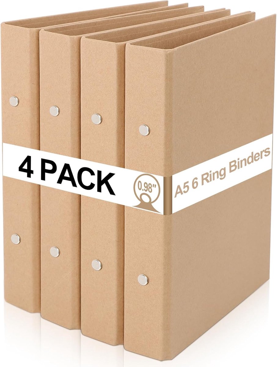 SnelShoppen - 4 Stuks A5 Kraft Ringbanden, 6 Ring A5 Ringbinder, 17.5 x 23.5 cm, Navullbare Multifunctionele Opslagmap voor Notitieboekjes, Journal en
