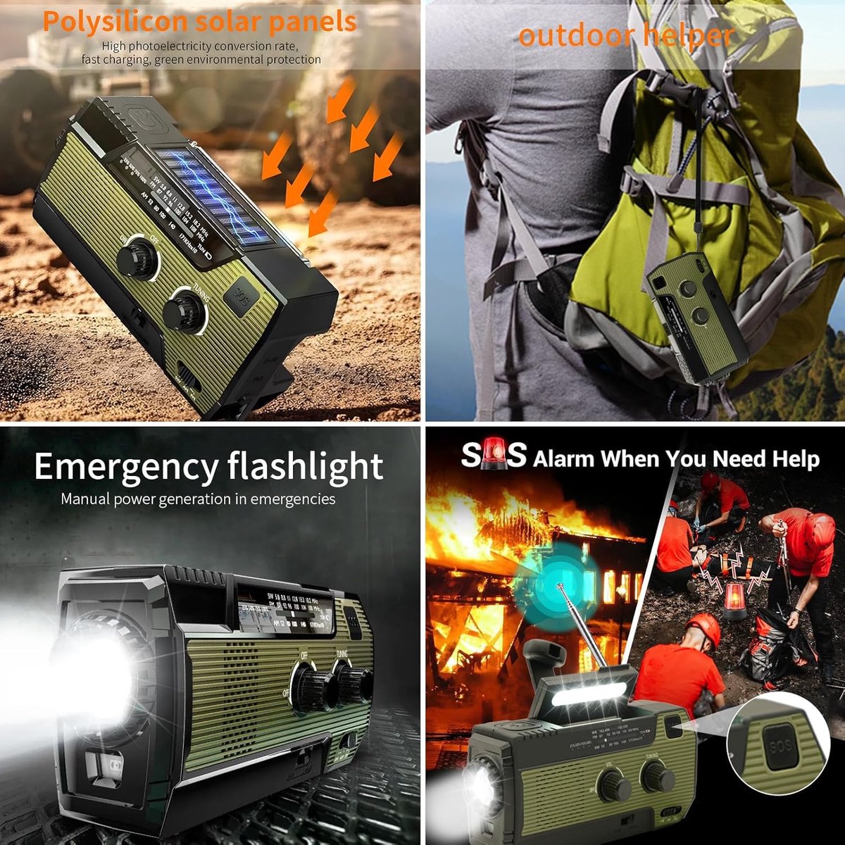 SnelShoppen - Emergency Radio met Handcrank & Zonne-energie – AM/FM Weeralarm Radio met LED Zaklamp, 4000mAh Powerbank voor Smartphones, Noodradio met