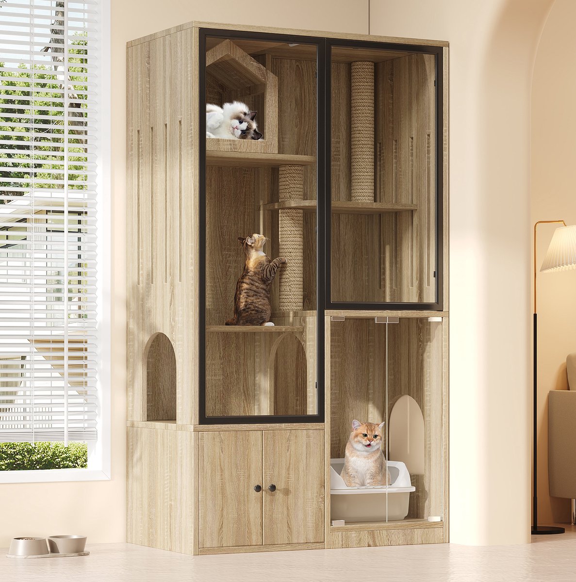 DESMIU Kattenhuis – Meerlaags Ontwerp Met Glasdeur – 90 x 50 x 160 cm – MDF En Gehard Glas – Natuurlijke Houtkleur – Met Krabpaal En Opbergruimte