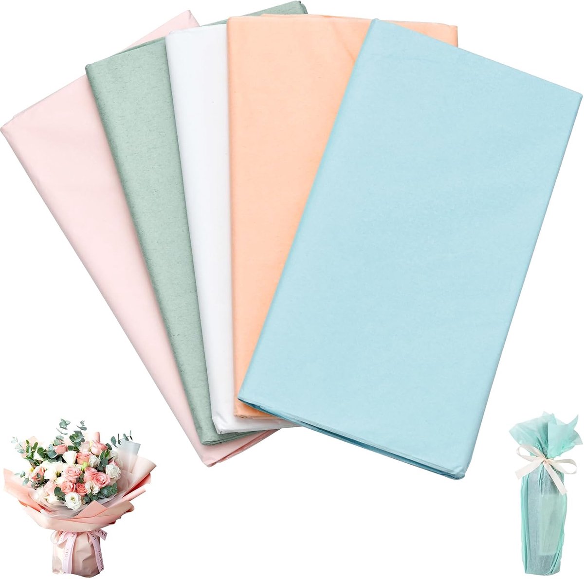 SnelShoppen - 100 Vellen Tissuepapier voor Cadeauverpakking 50 x 70 cm, Shiny en Transparant, 5 Kleuren voor Decoratie en Pompoms Knutselen