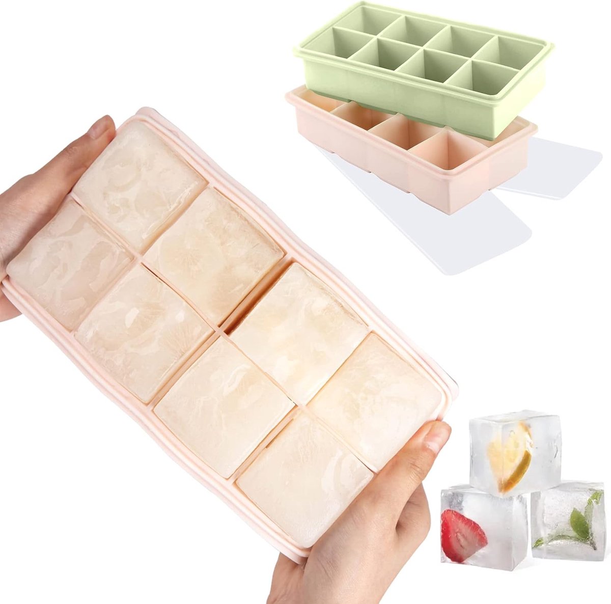 SnelShoppen - XXL Silicone Ice Cube Tray Set van 2 met Deksel, BPA Vrij, voor 16 Grote IJsblokjes (5 cm) - Perfect voor Feest, Keuken, Camping, Tuin,