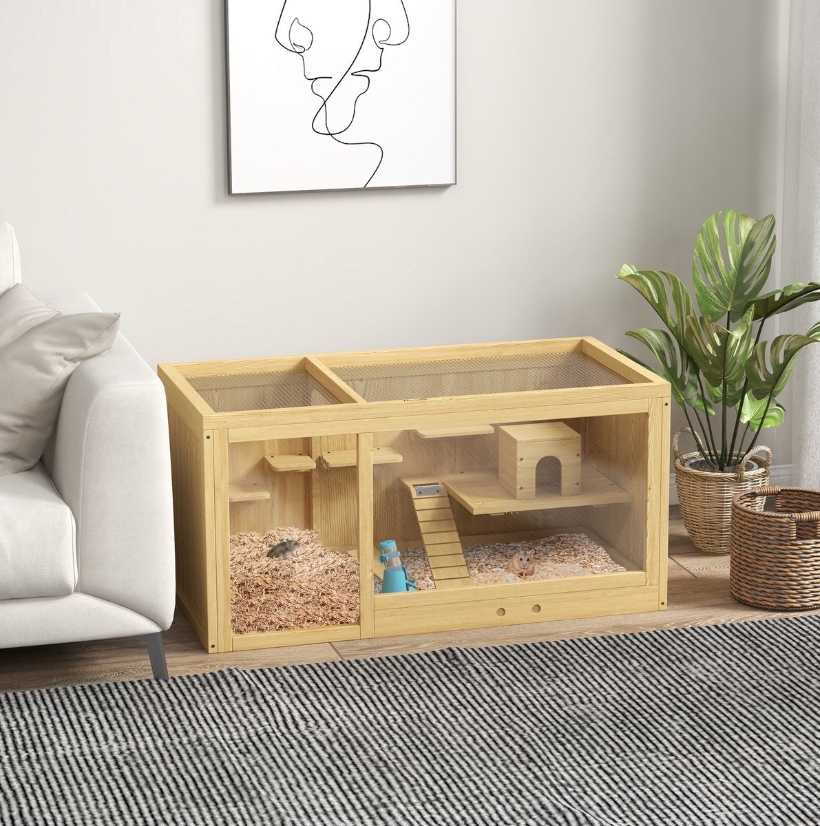 DESMIU Kooi – Ruim Dubbelverblijf – 100 x 50 x 50 cm – Hout – Natuurlijke Houtkleur – Voor Hamsters En Gerbils – Met Openklapbaar Dak