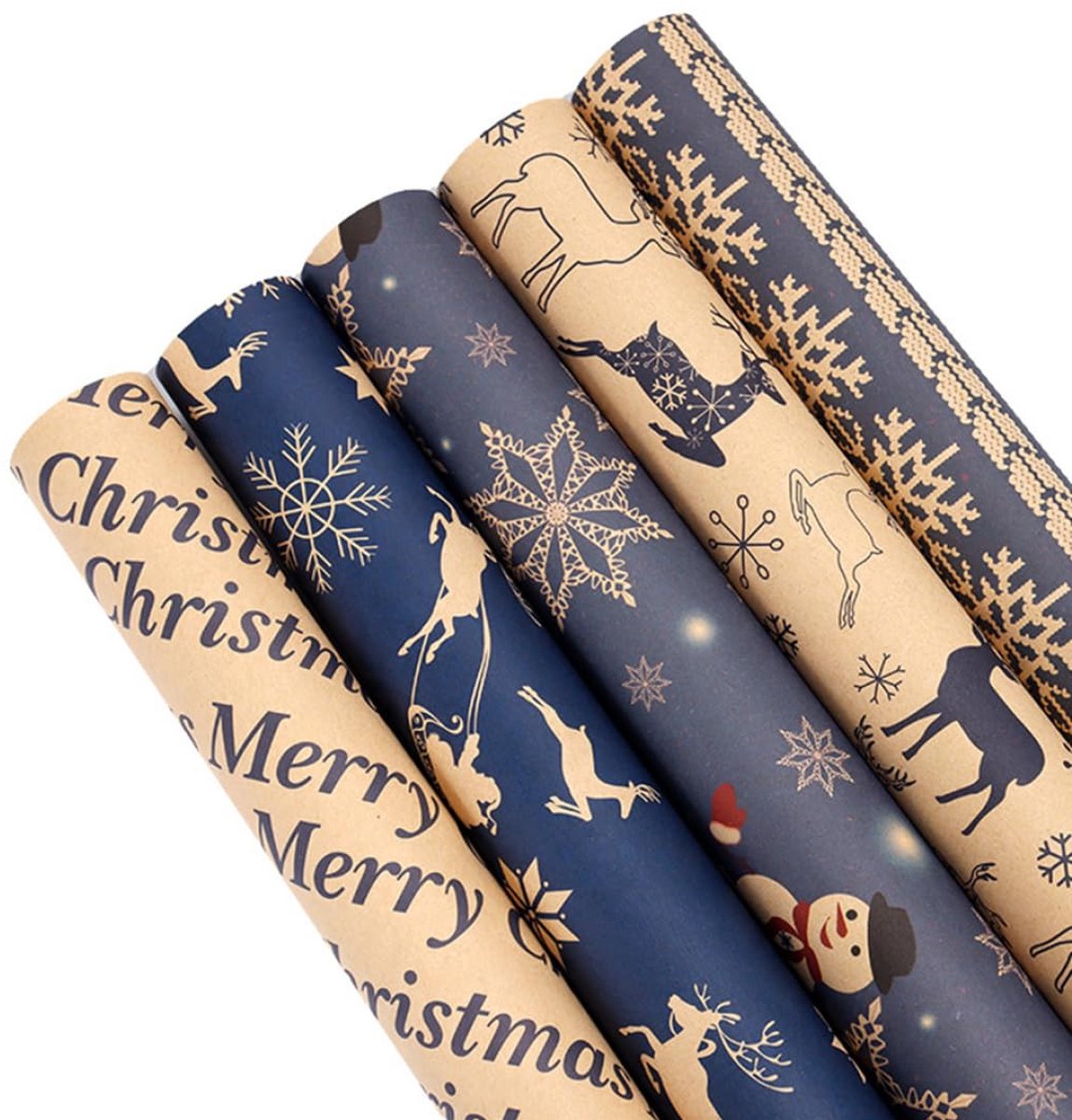 Famanu – Inpakpapier rollen voor kerst, gerecycled kraftpapier, 5 vellen voor feestelijke decoratie