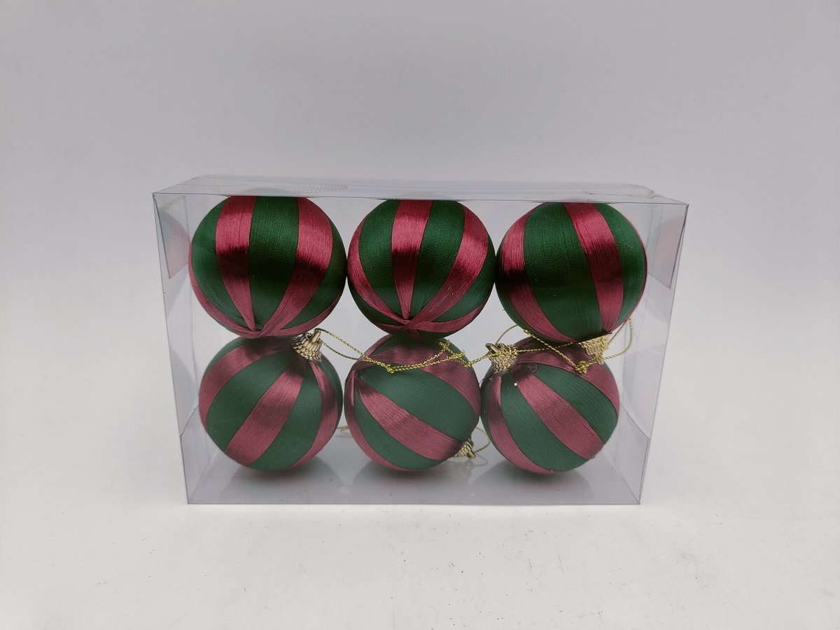 Kerstbal Set van 6 gestreept - Groen/rood