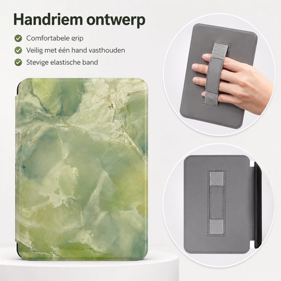 Hoes Geschikt voor Kobo Clara BW - Kobo Clara BW Hoesje - E‑reader Hoes met Handriem - Groen Marmer Design — afbeelding 4