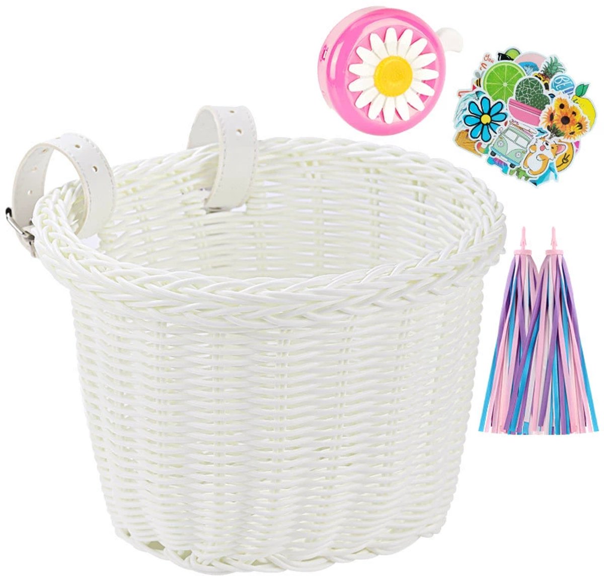 Fietsmandje Meisjes - Fietsmand Kinderfiets - inclusief Fietsbel Kind, 2 x Stuurslingers, 30 x Stickers - Handgeweven fietsmand voor kinderen - Fiets Accessoires voor Kinderen - Kinderfietsmand Set - Wit