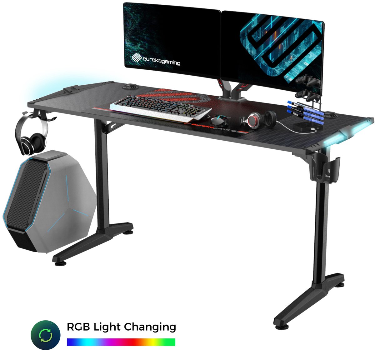 LAPAMAX bureau voor gaming en thuiswerken - gamingbureau met werkblad van 140 x 60 cm - RGB-ledverlichting met zes kleuren - computerbureau met kabelbeheer, bekerhouder, koptelefoonhaken en grote muismat