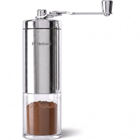 Zilverkleurige koffiemolen met glazen reservoir gevuld met cacaopoeder.