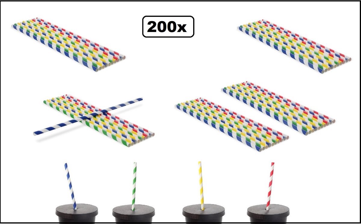 200 stuks Papieren rietjes kleurenmix 230mm x 6mm - stripes - Rietje festival cocktail limonade milkshake drank red