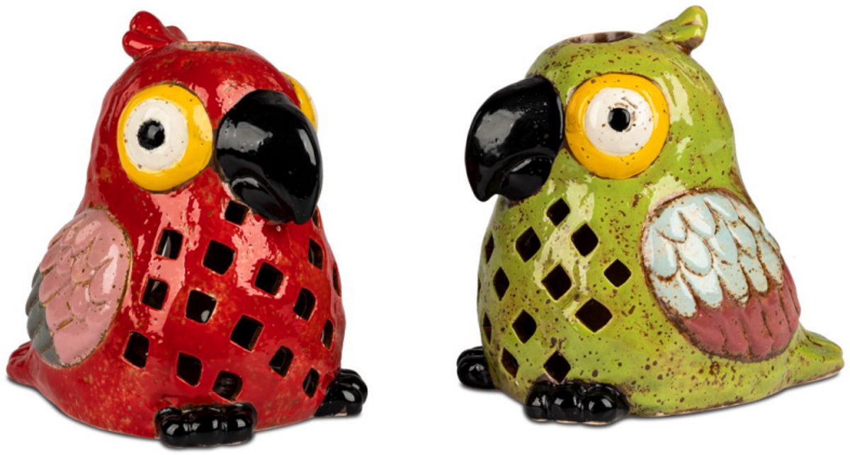MM deco Windlicht papagaai -keramiek-groen-rood - willekeurige kleur17cm tuindecoratie voor binnen en buiten- waxinelichthouder