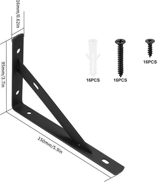 Set van 8 metalen hoeksteunen voor wandmontage, zware kwaliteit, 90 graden, driehoekige plankensteunen, 150 x 95 mm, zwart, ideaal voor opslag en organisatie — afbeelding 5
