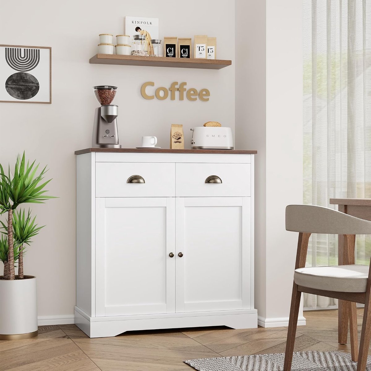 Multifunctionele houten opbergkast met schuifdeur, dressoir met twee lades, opbergmeubel voor woonkamer, keuken, slaapkamer, 90,4 x 80 x 39,4 cm