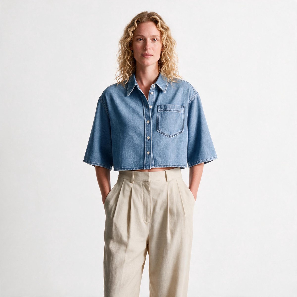 Imily Bela Dames Cropped Blouse met Korte Mouwen en Borstzak