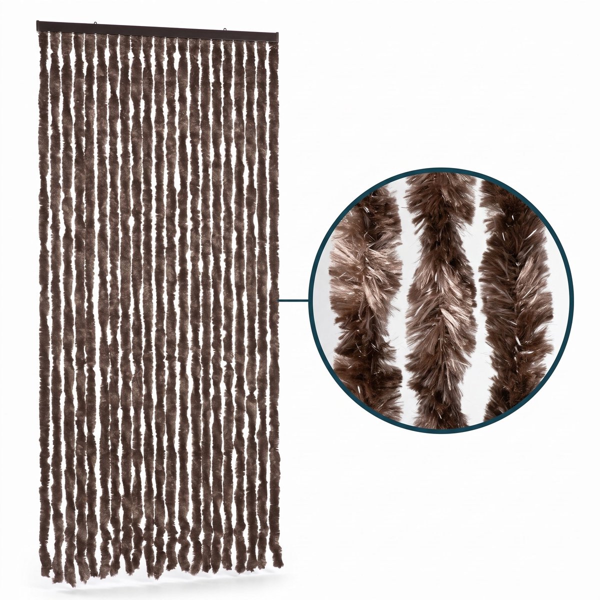 Cheqo® Vliegengordijn 90x210 cm Bruin - Insectengordijn - Deurgordijn - Kattenstaart - Horgordijn - Hordeur - Pluche Strengen - Chenille - Muggengordijn - Vliegenhor - Anti Insecten - voor Deur, Tuindeur, Balkondeur, Caravan en Camper