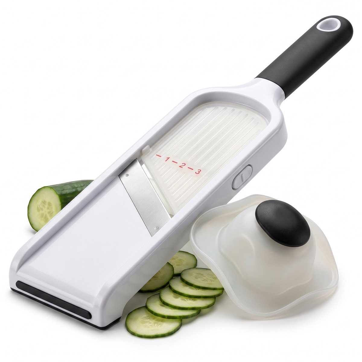 Cheqo® Mandoline - Groentesnijder - Handmandoline met Veiligheidshouder - Groenteschaaf - Keukenmandoline - Komkommerschaaf - Keukensnijder - Aardappelschaaf - Uiensnijder - Fruitsnijder - Snijhulp voor Groente en Fruit - Wit/Zwart