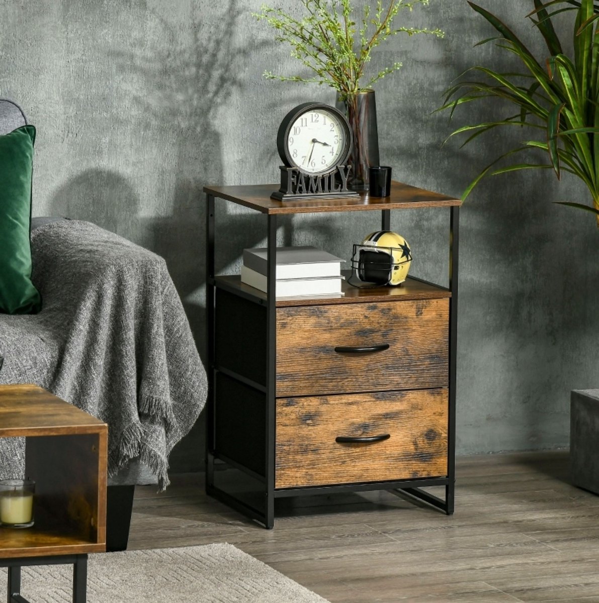 REDOM - Kommode met 2 stoffen lades - Staalframe met verstelbare poten - Open bovenplanken - Industrieel - Woonkamer - Polyester en staal - Bruin - 45 x 40 x 70,5 cm