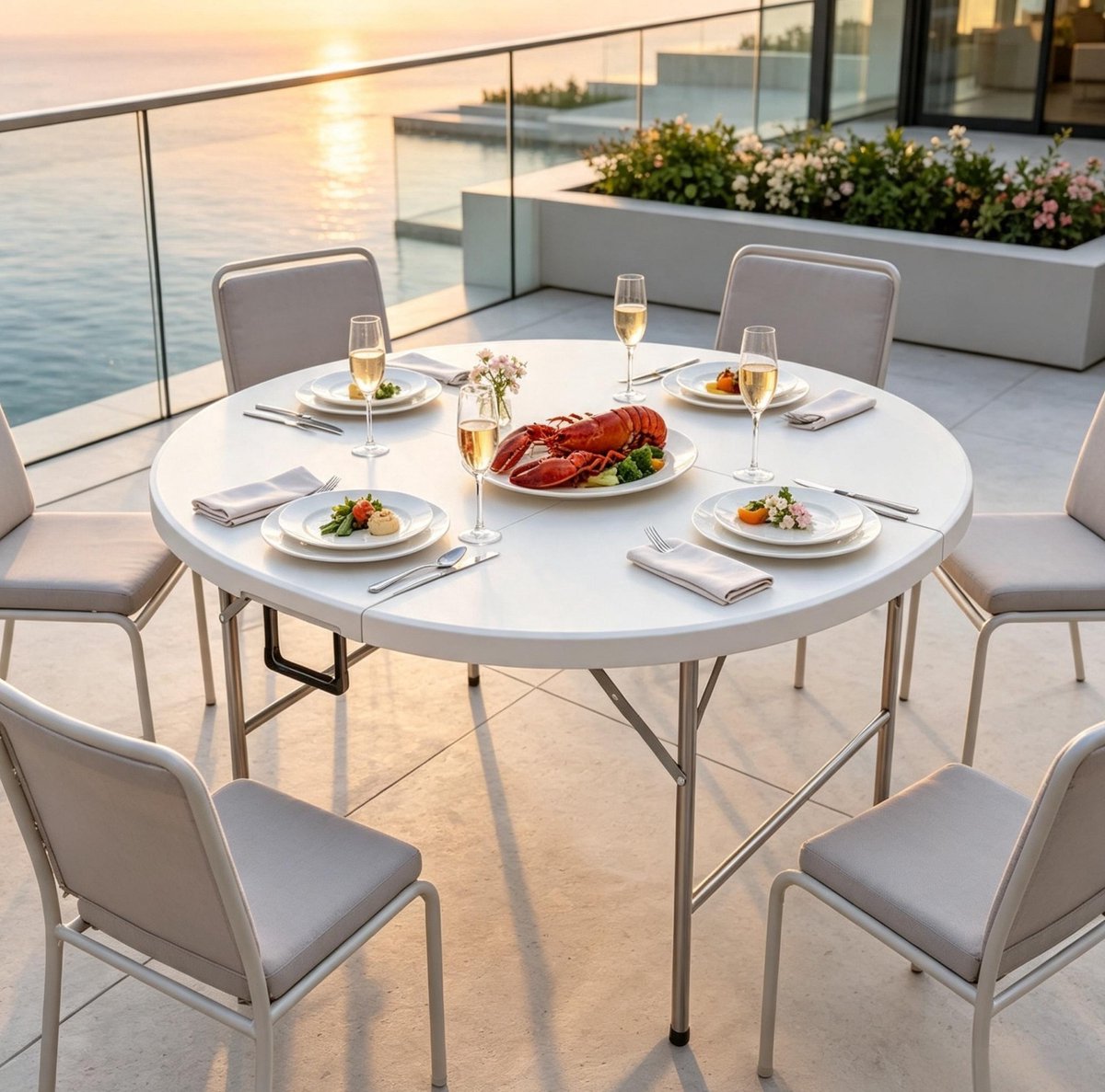 FloraGrace Eettafel - Opklapbare Ronde Tuin Tafel Voor 6 Personen - Modern Voor Terras, Balkon En Tuin - Staal En HDPE - Ø122 Cm - Grijs Wit