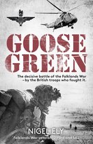 Boek "Goose Green" met een militair die een rugzak draagt, een helikopter en de tekst "GOOSE GREEN".