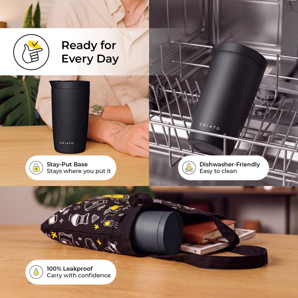 CHiATO Home dailySIP Space Black Thermosbeker, 350 ml - Zwart
