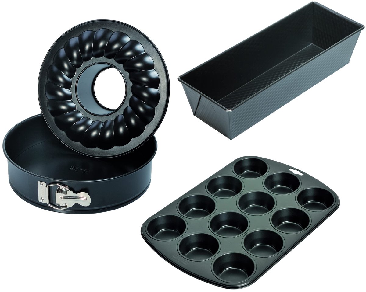 Famanu – Bakvormset, 4-delig, springvorm, platte en buisbodem van 26 cm, bakvorm van 30 cm, muffin bakplaat voor 12 muffins, met anti-aanbaklaag