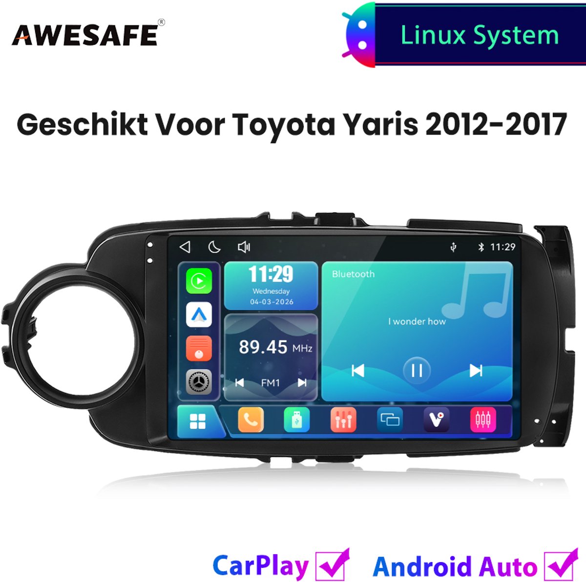 Awesafe Autoradio - Geschikt Voor Toyota Yaris 2012 t/m 2017 - Draadloos Carplay Android Auto - Linux systeem - Touchscreen - Bluetooth Wifi - 2012 2013 2014 2015 2016 2017