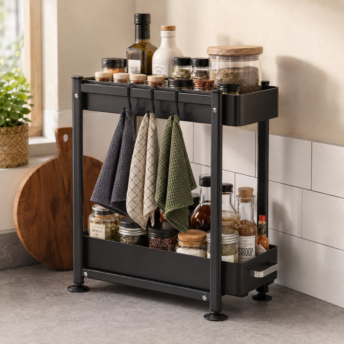 OUYLAF Keukenkast Organizer, Smal Opberglade Voor Onder De Gootsteen Met 2 Niveaus, 41*16*40cm (H*B*L) Uittrekbare Lade-Organizer, Metalen Schuifbare Opbergmand Voor Keuken, keukenkast organizer grijs