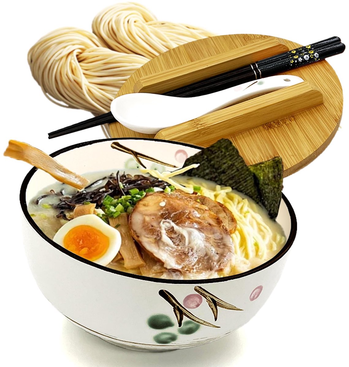 Famanu – Keramische ramen schüssel set, instant noedelschaal met deksel, eetstokjes en soeplepel, ideaal voor Aziatisch servies en salades