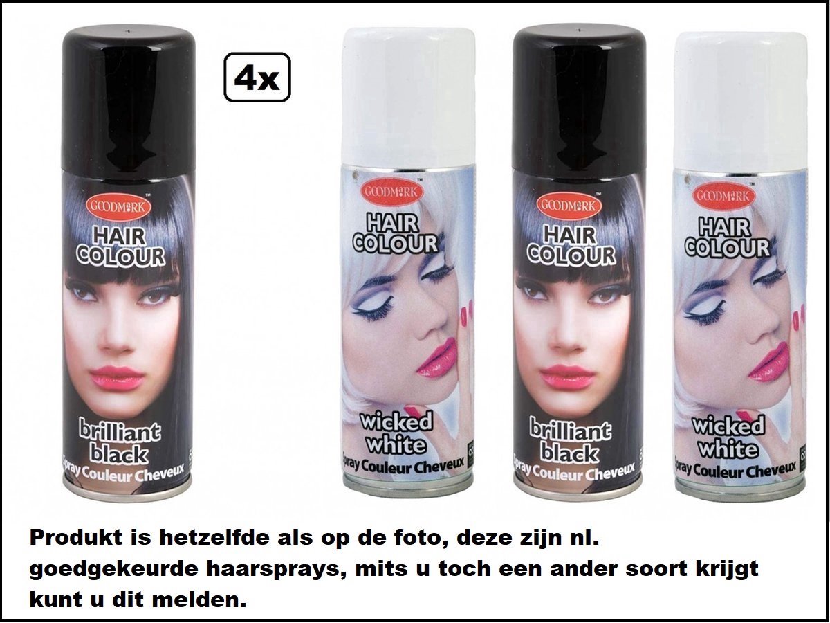 4 stuks Haarverf/haarspray zwart/wit 125 ml - merk Goodmark - - Brilliant black en Wicked white - Festival thema feest carnaval haar kleurspray party