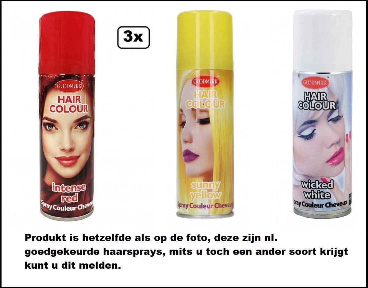 3x Haarverf/haarspray rood/geel/wit 125 ml - Merk Goodmark - Festival thema feest carnaval haar kleurspray party