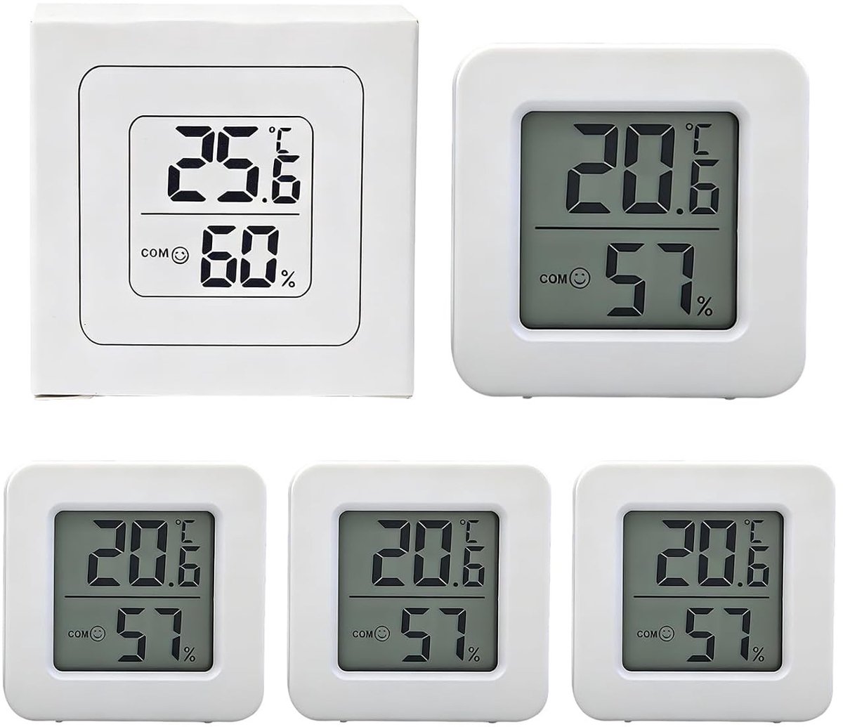 Luchtvochtigheidsmeter - Wit - Mini Digitale Thermometer - Set van 4 - Voor Binnengebruik