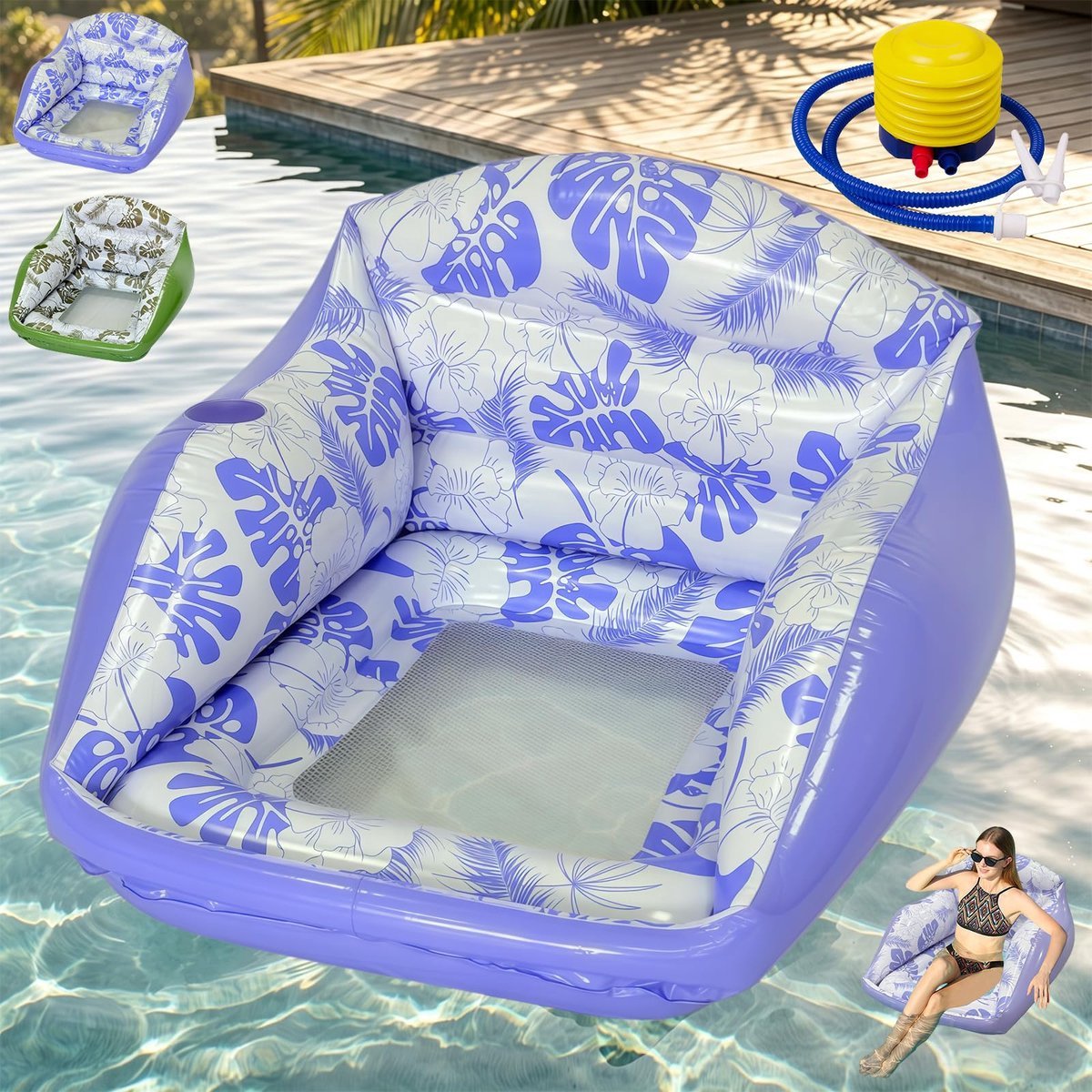 Casalora 3-in-1 Opblaasbare Zwembadstoel 84 x 85 cm – Pool Float met Voetpomp en Bekerhouder – Water Hangmat voor Strand en Zwembad – Paars