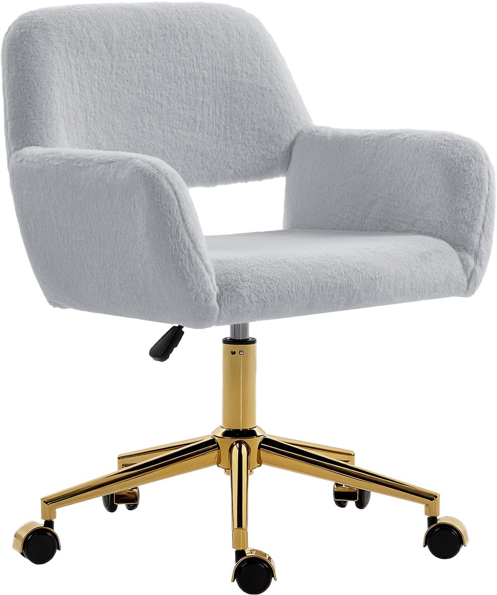 HOMCOM Swivel Office Chair, Faux Rabbit Fur Upholstered Vanity Desk Chair with Adjustable Height, Armrests and Wheels - ShopVlot
