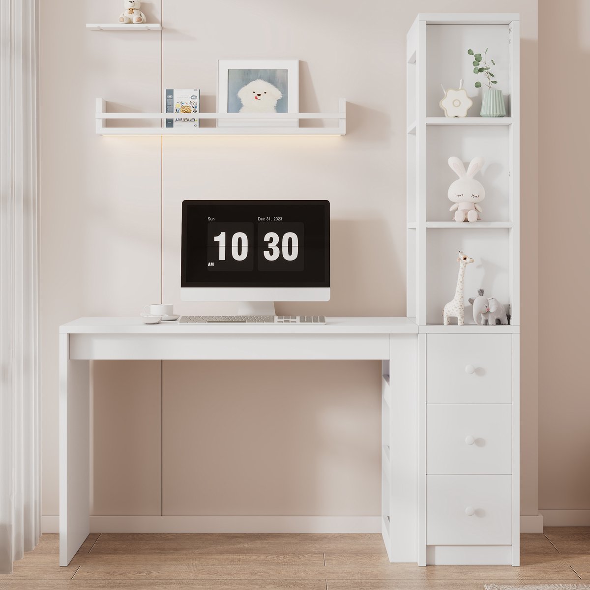 VVBV Bureau 150x50x180 cm - 3 Lades, Met Boekenkast, Zijopbergruimte - Wit, MDF