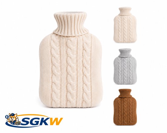 Kruik - Waterzak - Warmwaterkruik van rubber met gebreide hoes. 1,75 ltr. Set van 3 stuks: gebroken wit, warmgrijs en lichtbruin