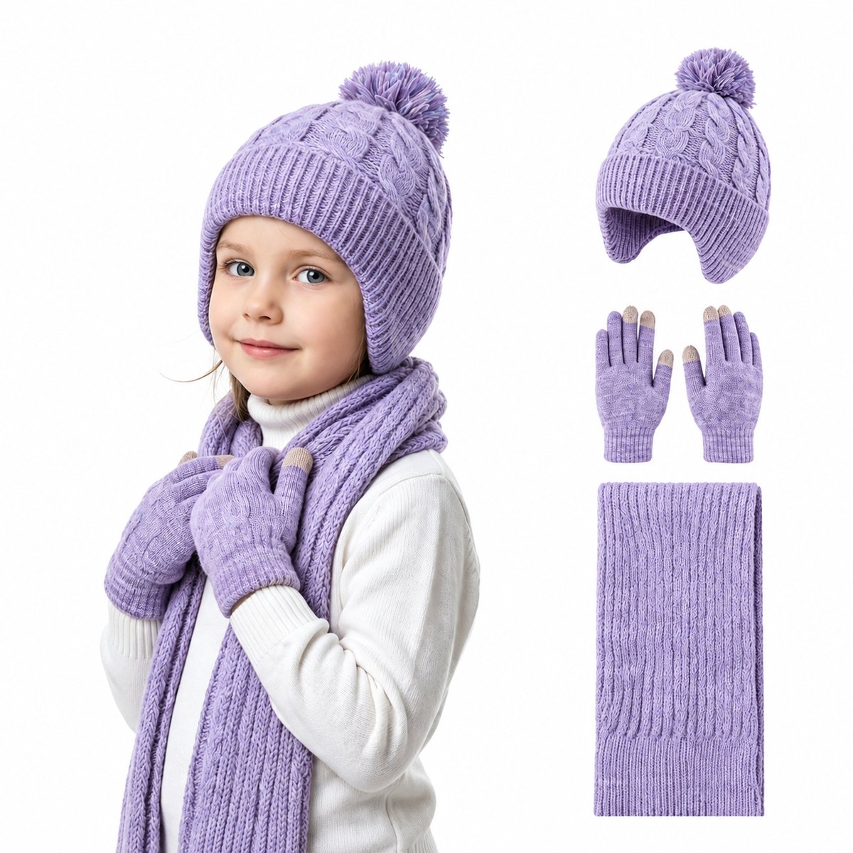 Namajunas Gebreide 3-delige Winterset Meisjes - Muts, Handschoenen en Sjaal - Paars