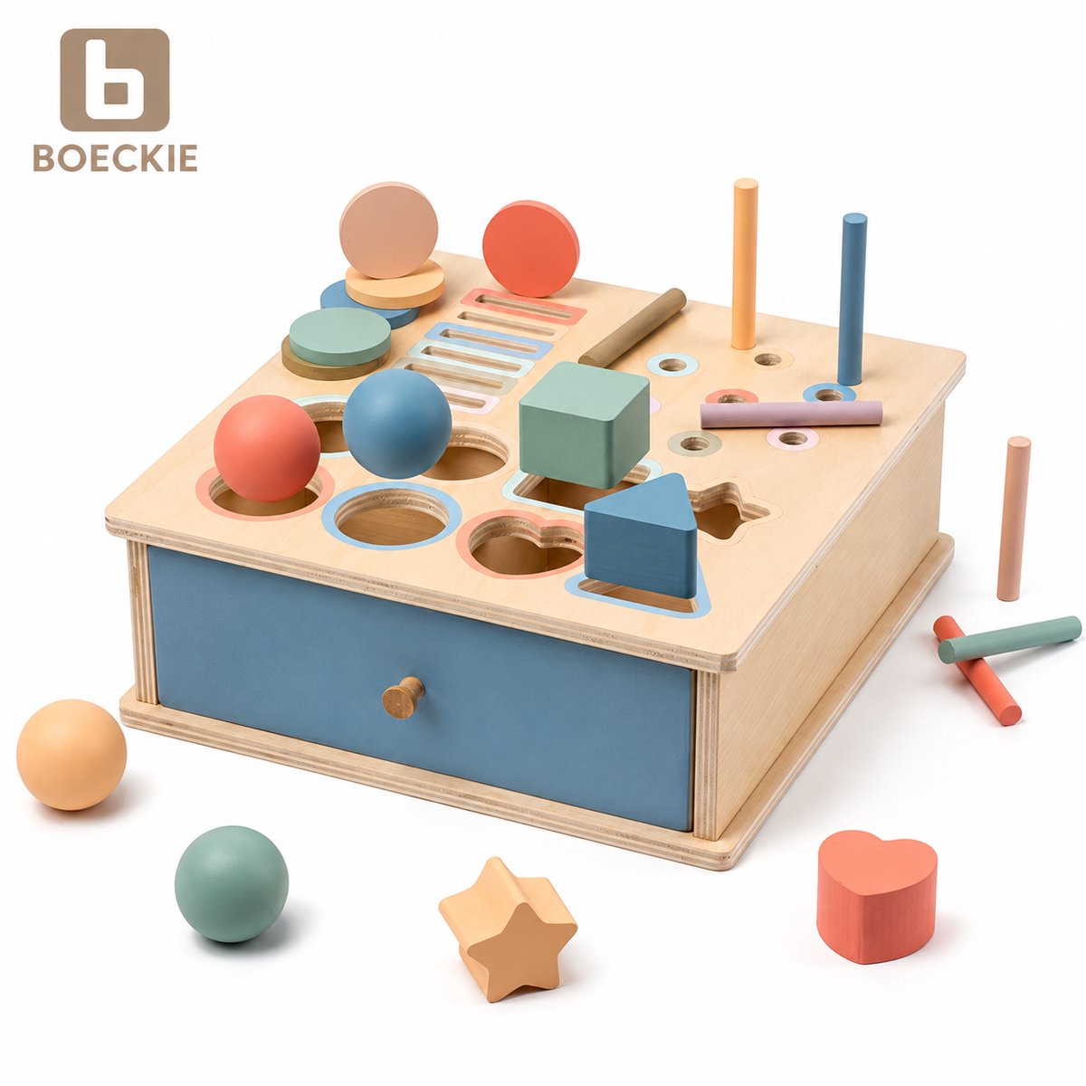 BOECKIE Montessori Vormenstoof 4-in-1 – Houten Sorteerbox met Ballen en Vormen – Educatief Speelgoed – Vanaf 3 Jaar