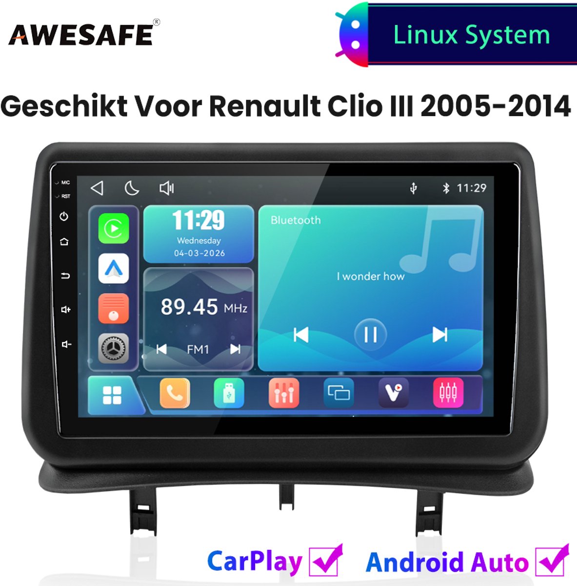 Awesafe Autoradio - Geschikt Voor Renault Clio III 2005 t/m 2014 - Draadloos Carplay Android Auto - Linux systeem - Touchscreen - Bluetooth Wifi - 2005 2006 2007 2008 2009 2010 2011 2012 2013 2014