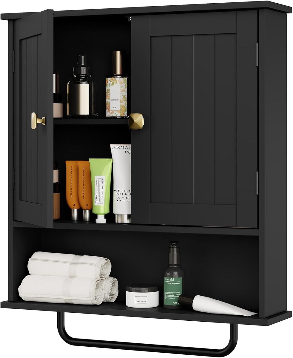 Badkamerkastje hangend - Zwart - 22 x 5,2 x 25,8 inch - Met handdoekbar - Voor Badkamer, Keuken en Meer
