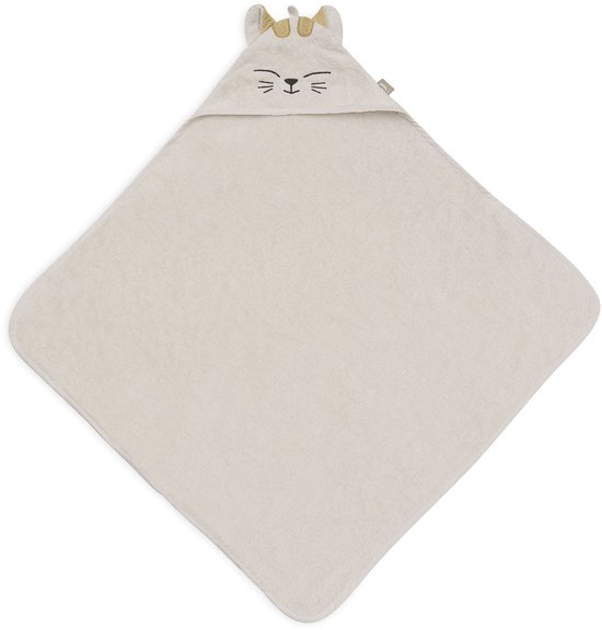 Cape de bain beige clair avec capuche en forme de chat avec une petite couronne. La capuche présente des yeux, moustaches et un nez brodés.