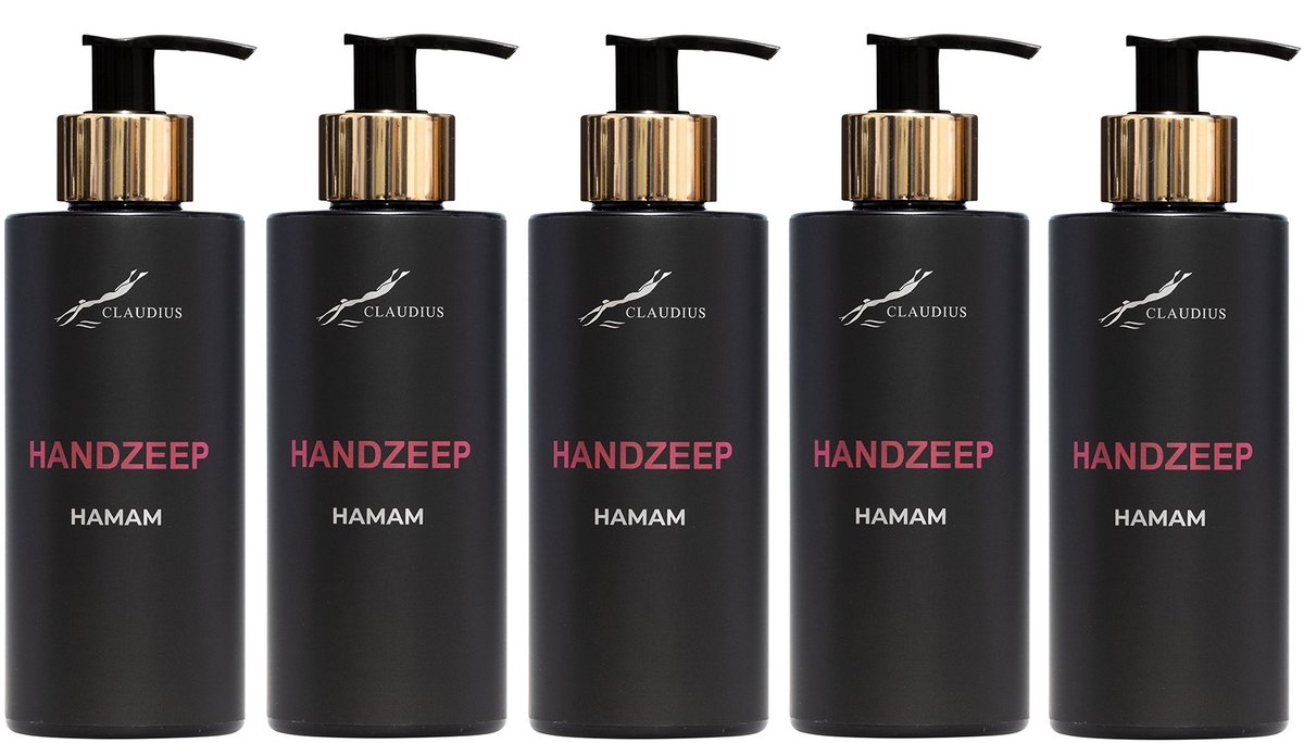Handzeep Hamam 300 ml - met gouden pomp - zwarte fles - set van 5 stuks - Voordeelverpakking