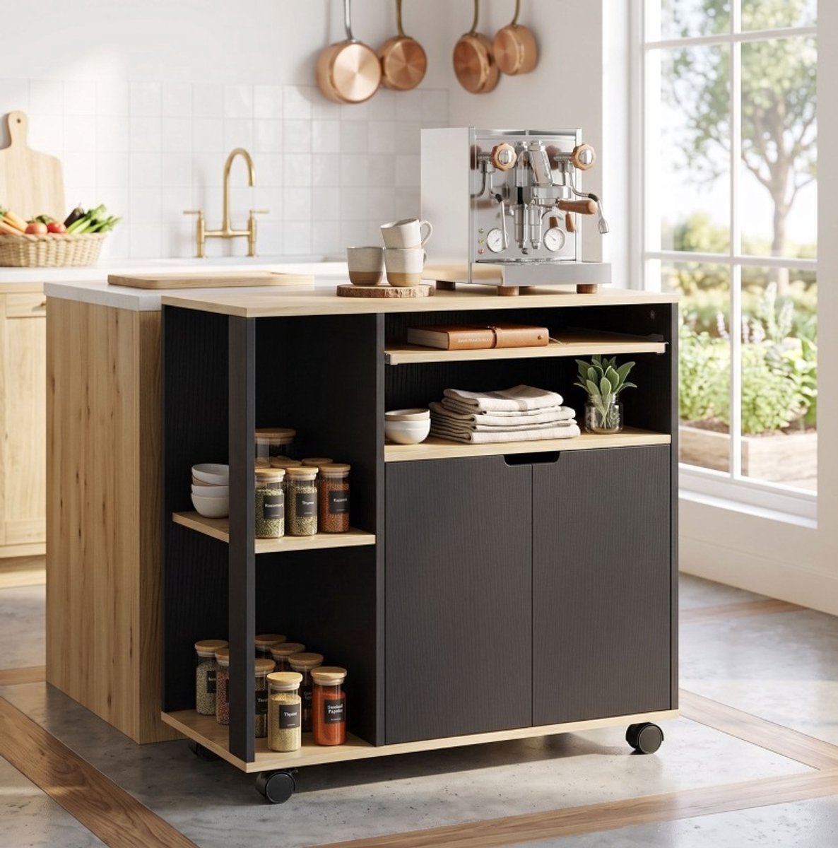 MIVRAY Keukenkast Op Wielen Met Werkblad En Verstelbaar Legbord 80 X 40 X 82 Cm Houtlook Zwart Voor Keuken En Woonkamer