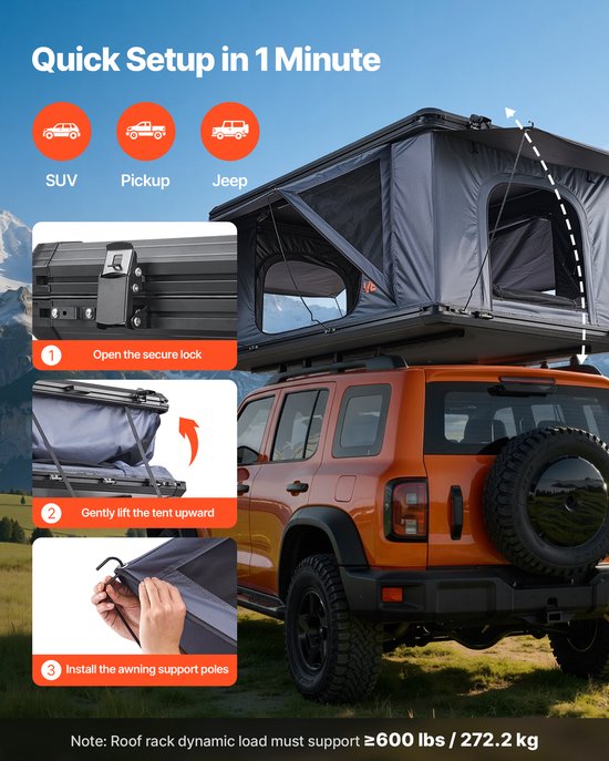 VEVOR Hard Shell Daktent voor 2-3 Personen, Aluminium Kampeertent met Driekleurige Led-Verlichting & 2 Ramen, Waterdicht & Winddicht, voor Jeep SUV Pick-Up 212 X 132 X 95 cm (Uitgeklapt) — afbeelding 4