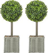 Set van 2 decoratieve kunstplanten - 50 cm grote kunstplant buxusbollen met geweven plastic pot en kiezels - groen